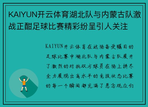 KAIYUN开云体育湖北队与内蒙古队激战正酣足球比赛精彩纷呈引人关注